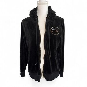 BEUTIFUL CALVIN KLEIN BLACK VELVET RHINESTONE LOGO HOODED JACKET LADIES LARGE